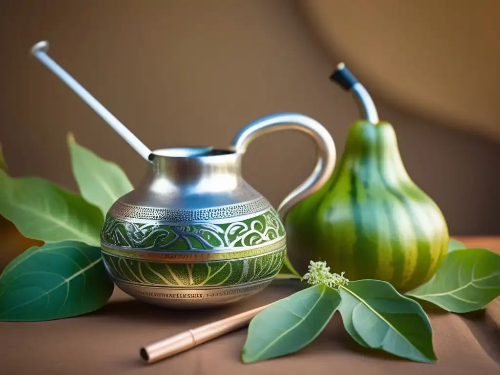 Una imagen de una tradicional mate gourd y bombilla rodeada de hojas frescas de yerba mate