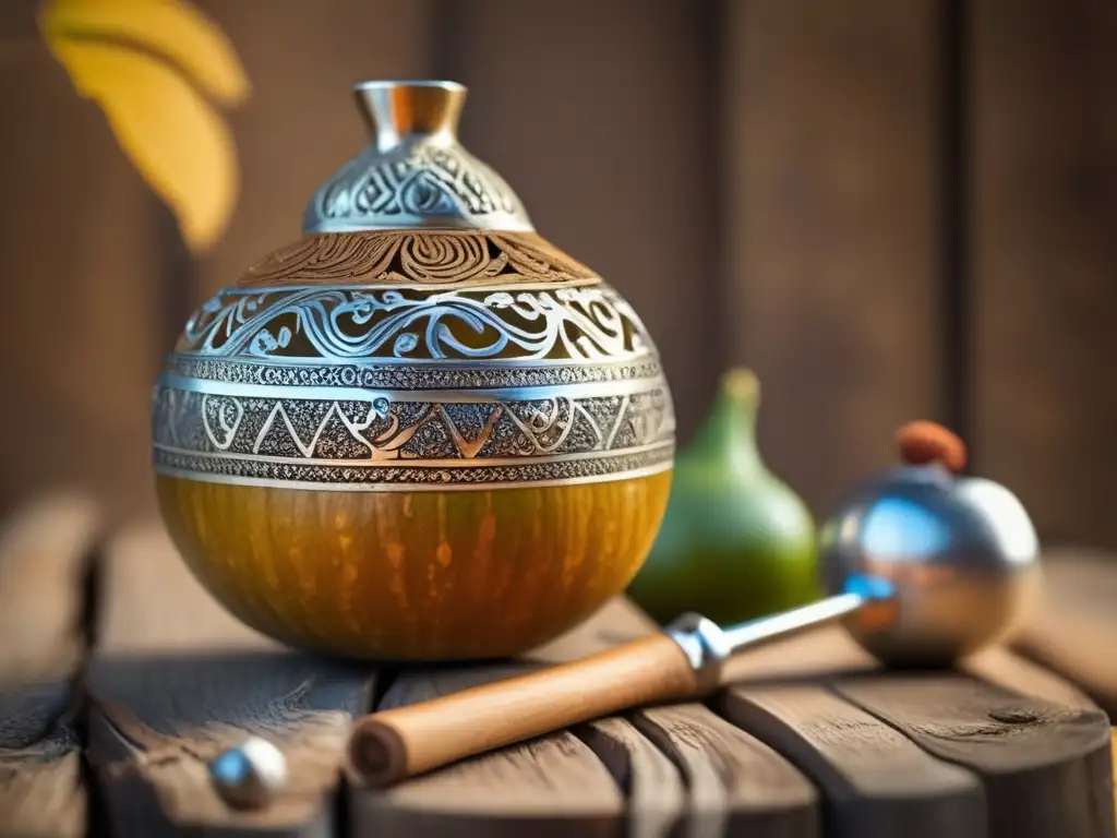 Imagen: Mate gourd tradicional con yerba mate y bombilla de plata, en un entorno de tradición y protocolo