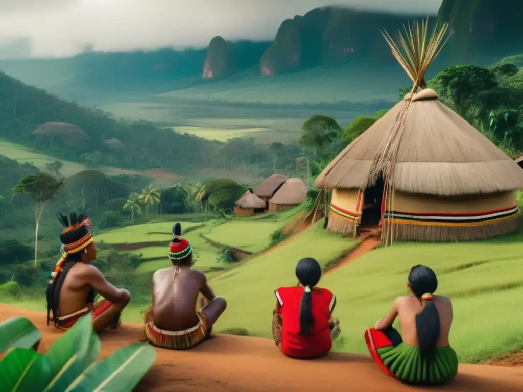 Guarani village drinking yerba mate in the rainforest Imagen vintage de una aldea Guarani en la selva con personas tomando yerba mate