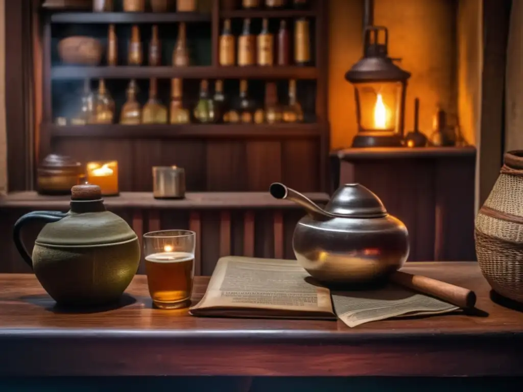 Tradición del mate en Buenos Aires: una imagen vintage que muestra una ceremonia de mate tradicional en un bar histórico, con una mesa de madera antigua adornada con una calabaza rústica de mate, un termo lleno de yerba mate humeante y una pila de periódicos antiguos