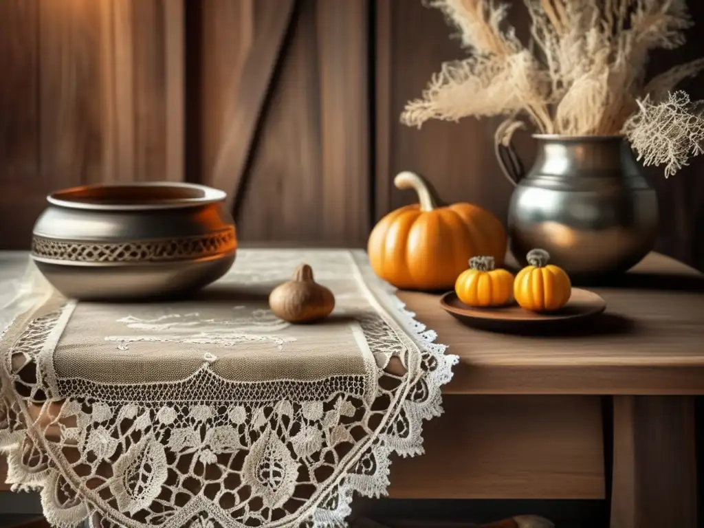 Escena vintage con mate y té Una imagen vintage de una escena acogedora con una mesa de madera rústica, una mate de plata y yerba mate rodeada de tazas de té vintage