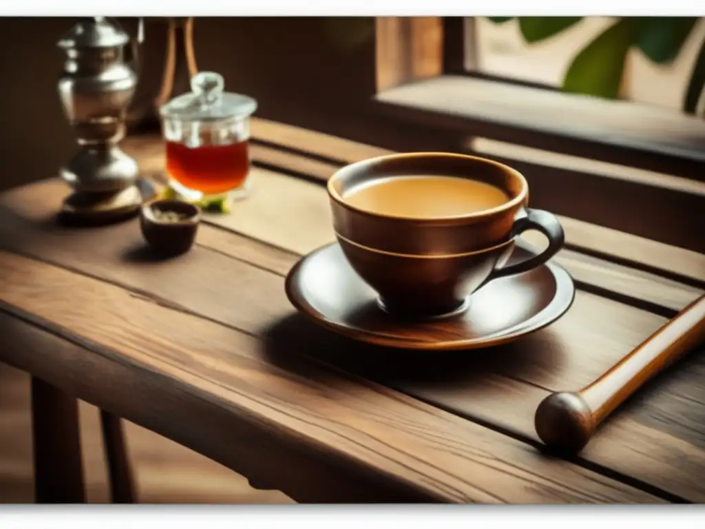 Imagen vintage de una mesa de madera con un set tradicional de mate: alternativas seguras a la cafeína mate