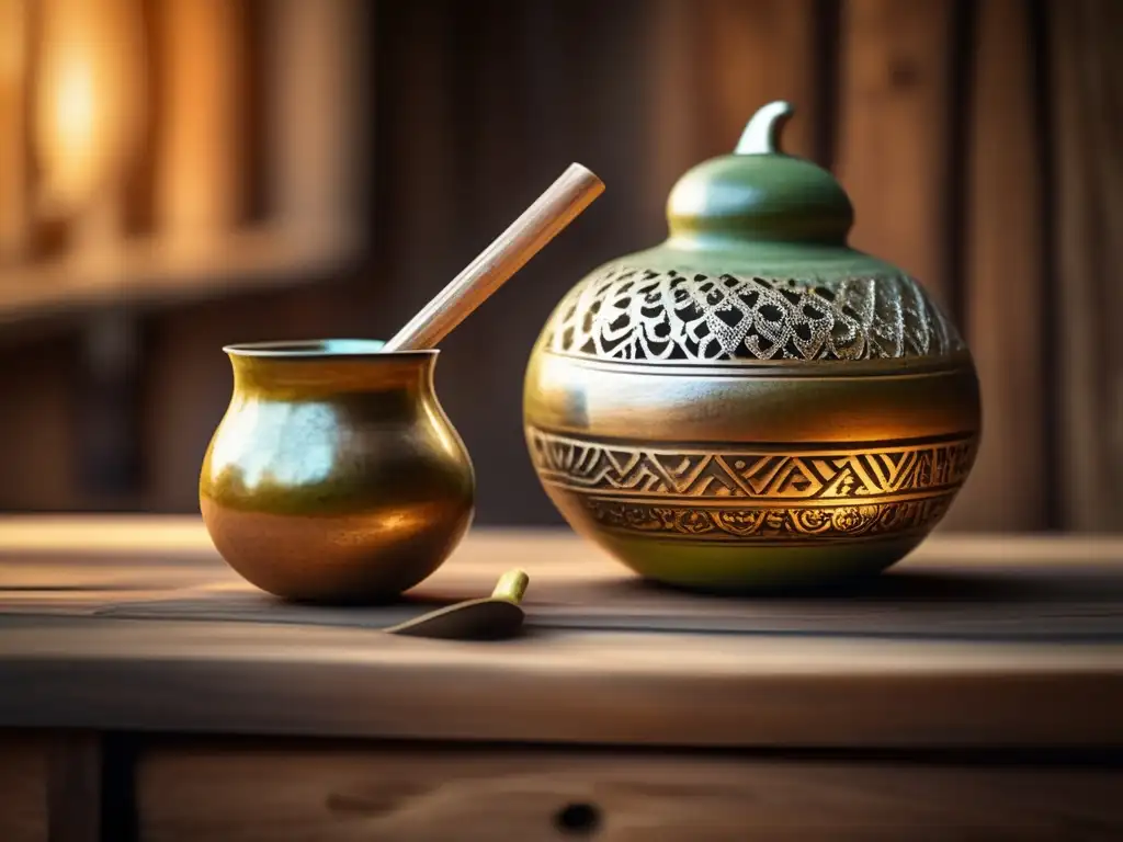 Imagen de yerba mate con gourd y bombilla, detalles intrincados y patina antigua