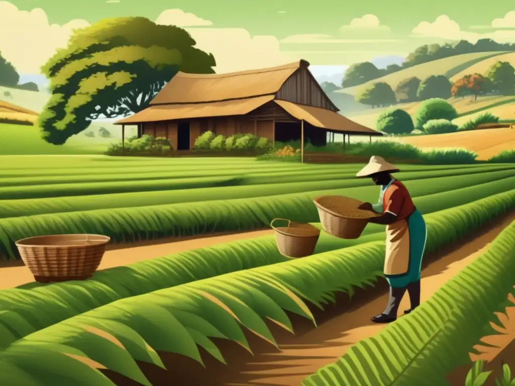 Impacto ambiental producción consumo mate: ilustración detallada de una cosecha de mate sostenible en el campo