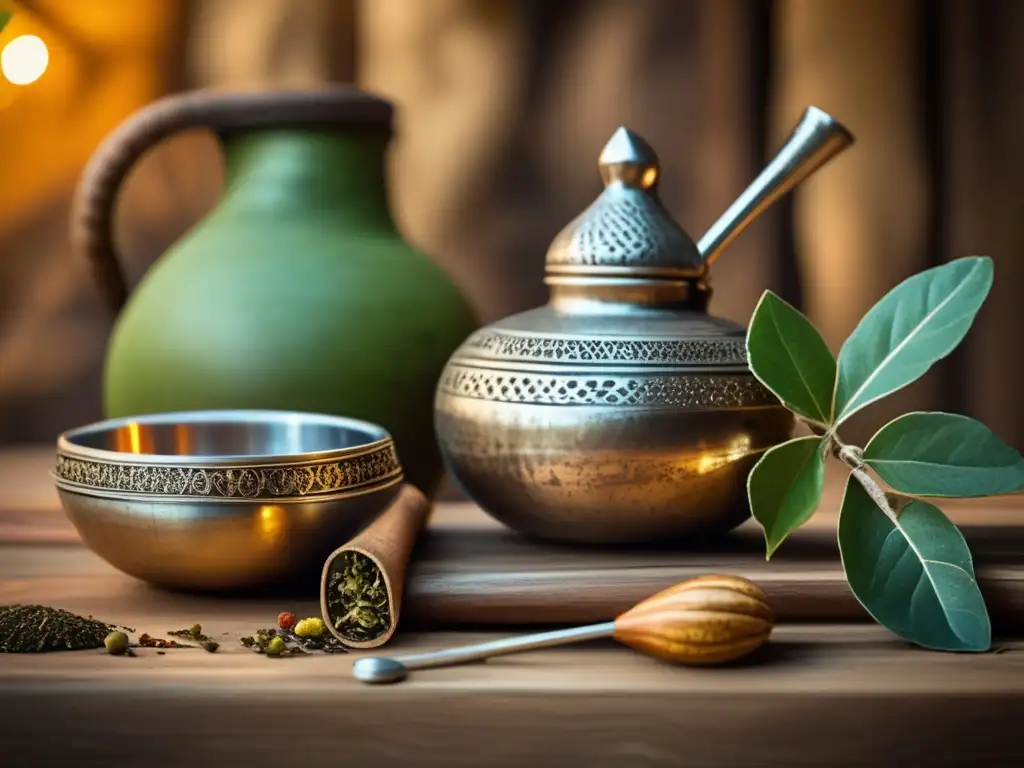 Impacto de celebridades en consumo de mate - Mesa rústica de madera con mate de plata antiguo, bombilla y yerba mate seca