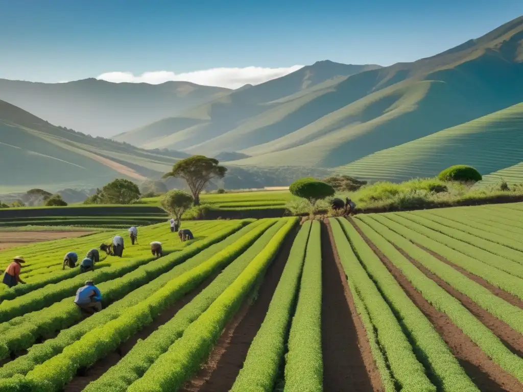 Impacto económico del mate en el Río de la Plata: plantación tradicional de yerba mate, trabajadores cosechando en un paisaje pintoresco