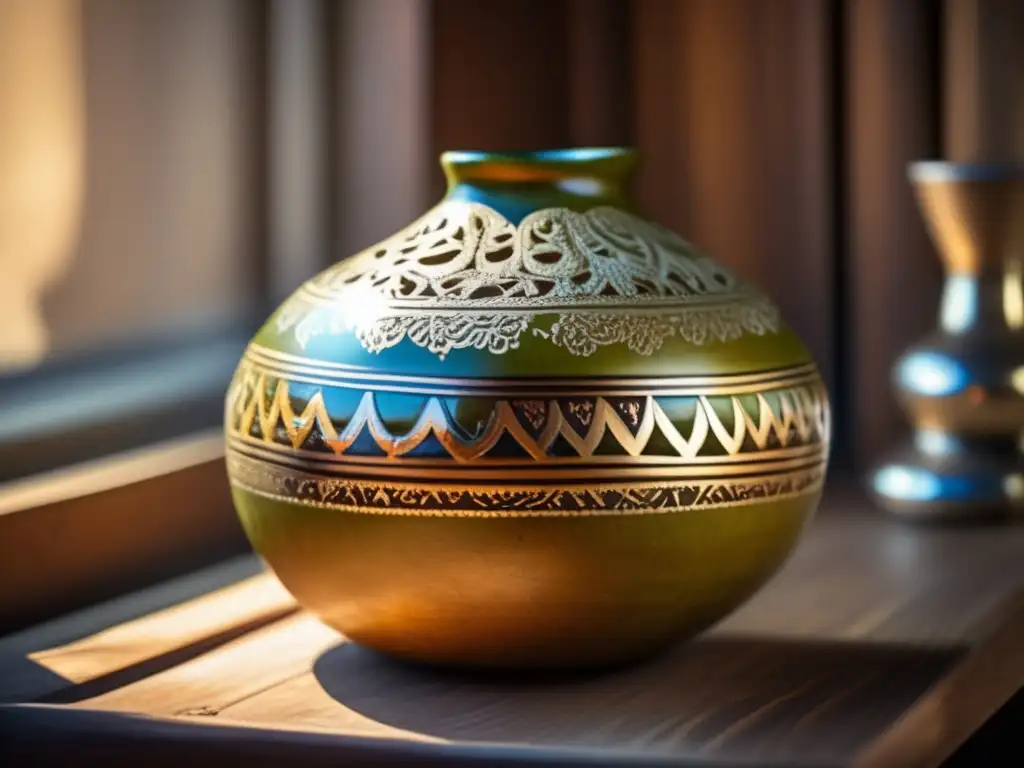 Importancia cultural del mate en Argentina: gourd mate con carvings, ornamentos de plata y luz matinal