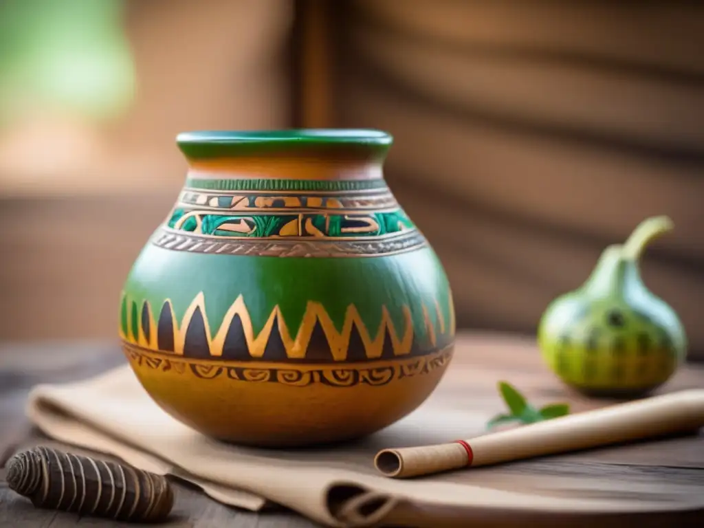 Importancia cultural del mate en Argentina: Mate vintage adornado con motivos precolombinos, sobre mesa de madera rústica