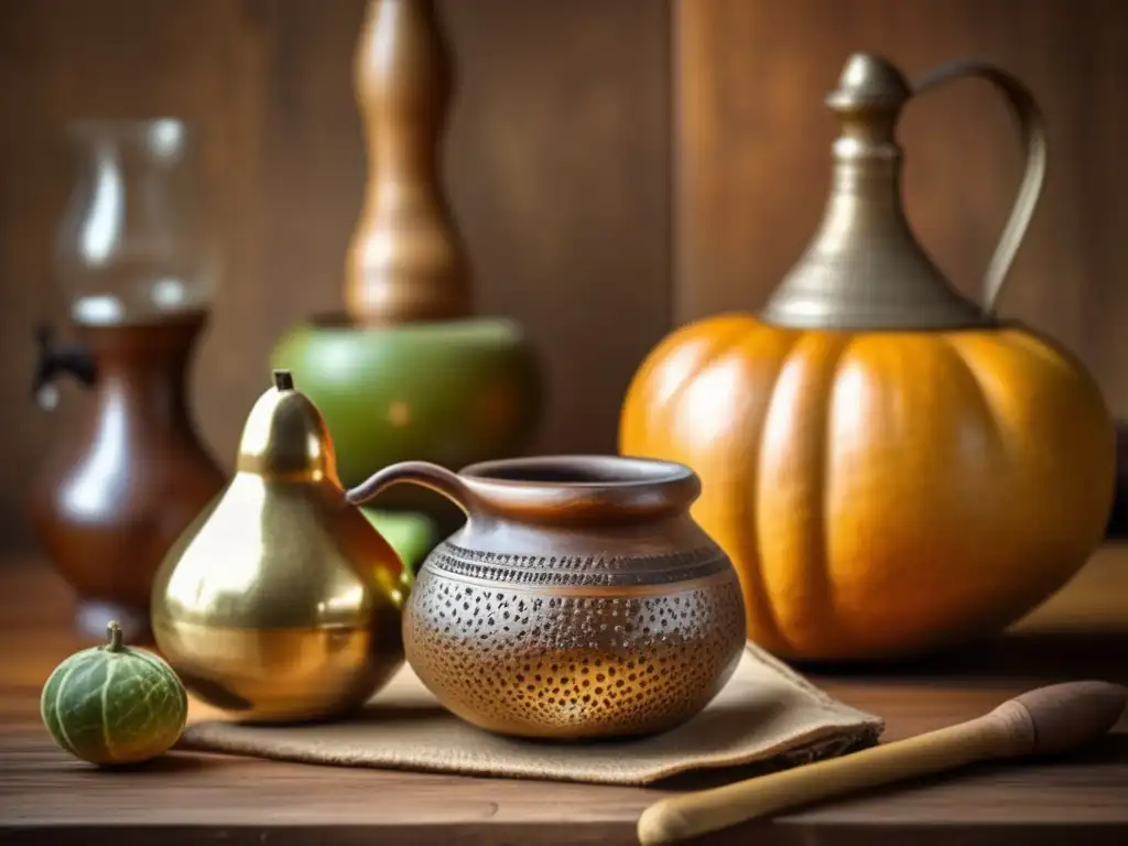 Mate tradicional y objetos históricos Importancia del mate en diplomacia: mate, bombilla, mesa de madera, objetos históricos, fragante vapor, iluminación cálida