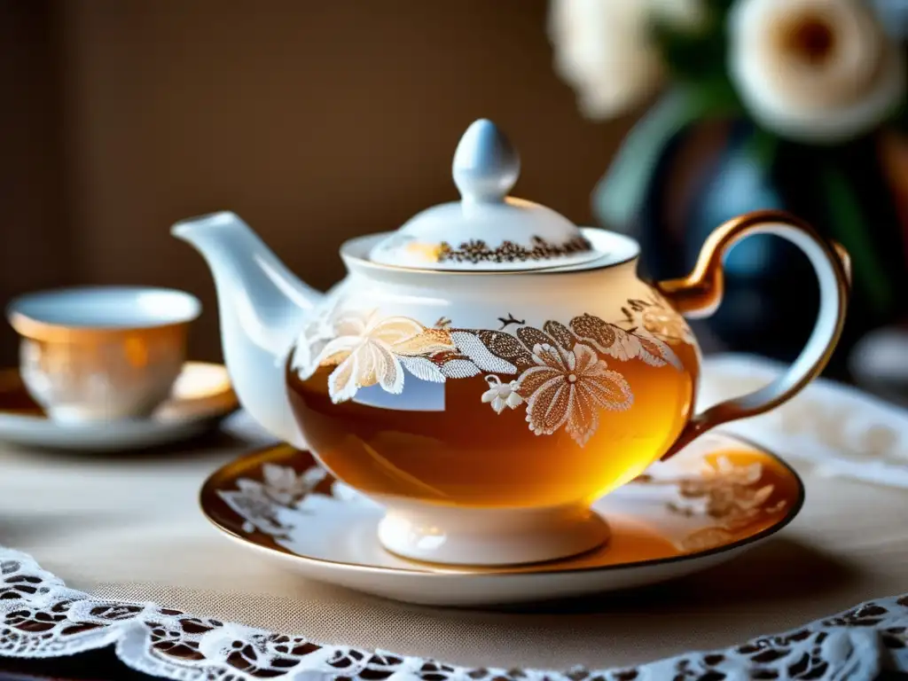 Teapot and teacups on lace tablecloth Importancia del mate en diplomacia: Teapot y tazas de porcelana delicada en mesa de encaje, con detalles florales y aroma de mate