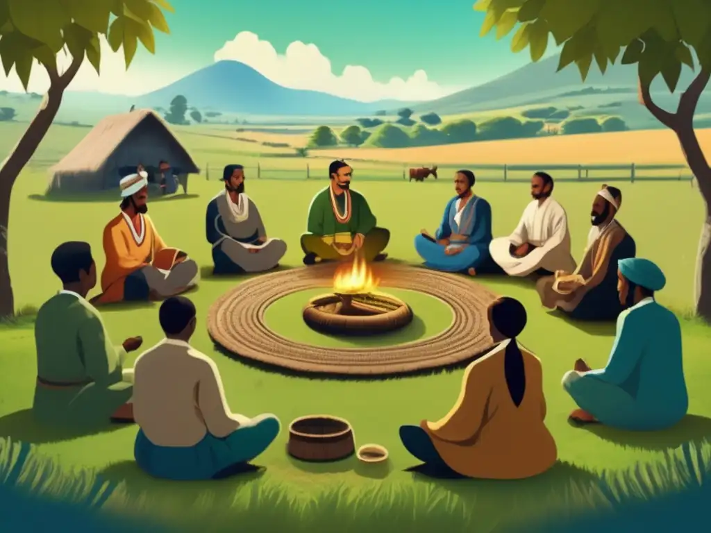 Importancia del mate en rituales culturales: Ilustración vintage de una ceremonia tradicional de mate en el campo rioplatense