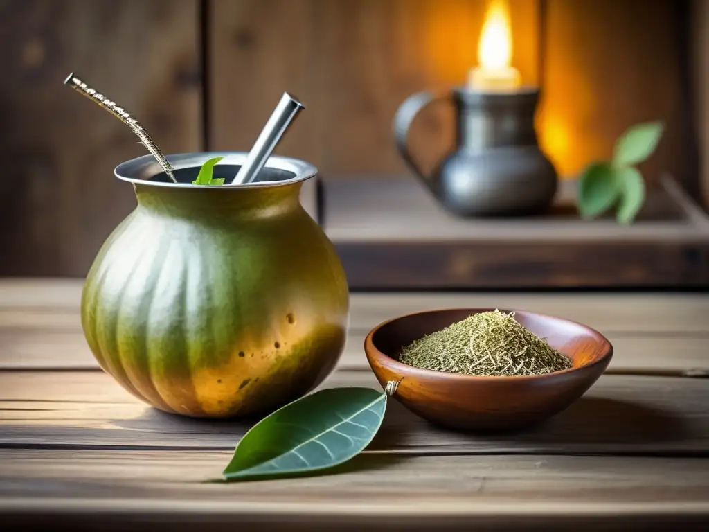 Importancia del mate en la sociedad rioplatense: una imagen nostálgica y acogedora de una tradicional mate y bombilla sobre una mesa de madera rústica