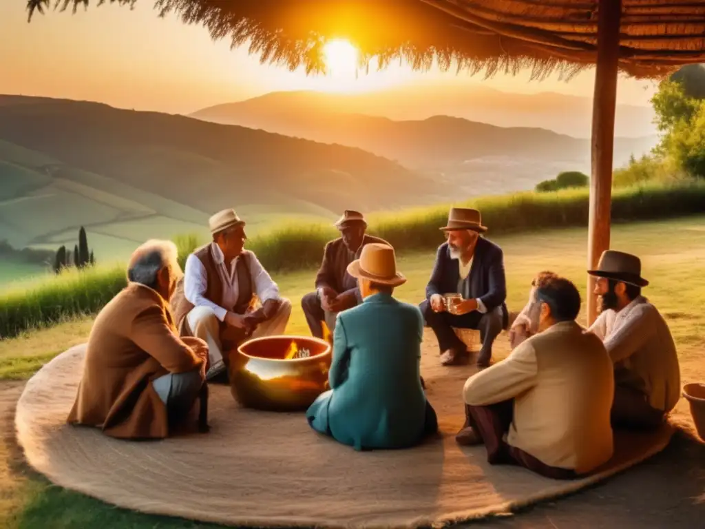 Importancia social del mate en la región: grupo compartiendo mate en la campiña rioplatense al atardecer