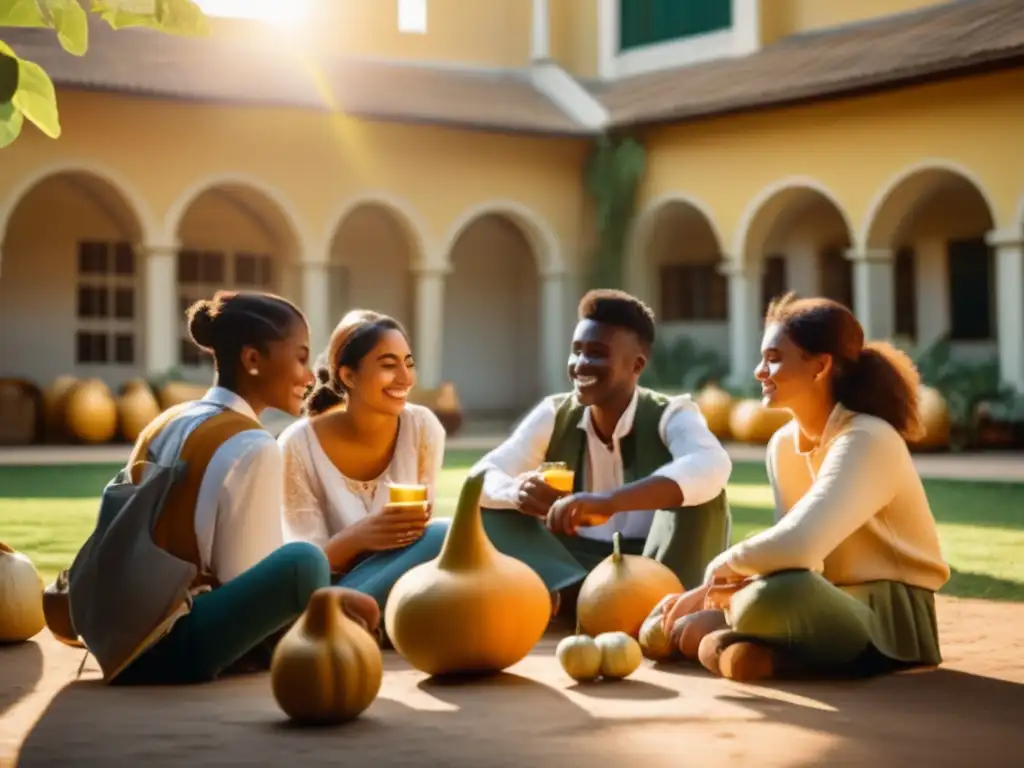 Incorporación del mate en escuelas: estudiantes disfrutan de mate en un patio soleado rodeado de naturaleza, fomentando la camaradería y la relajación