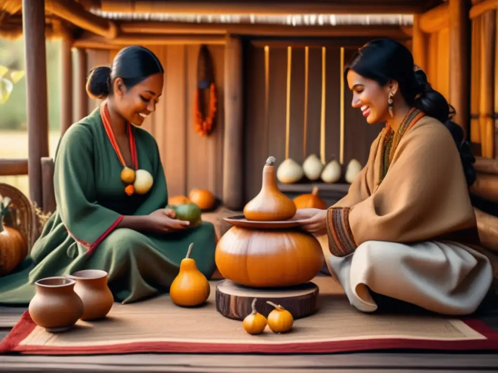 Influencia cultural del mate en la región: Mate ceremony in cozy rustic cabin with traditional attire and beautifully crafted gourds