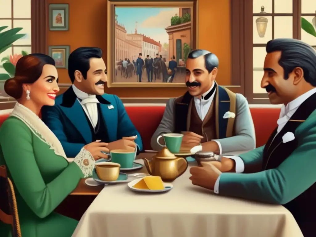 Influencia cultural del mate en comercio internacional, pintura vintage de diplomáticos disfrutando mate en un café de Buenos Aires