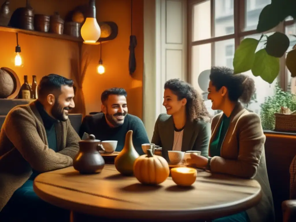 Influencia cultural del mate en Alemania: escena nostálgica de un acogedor café en Berlín, con muebles de madera rústica y una iluminación cálida