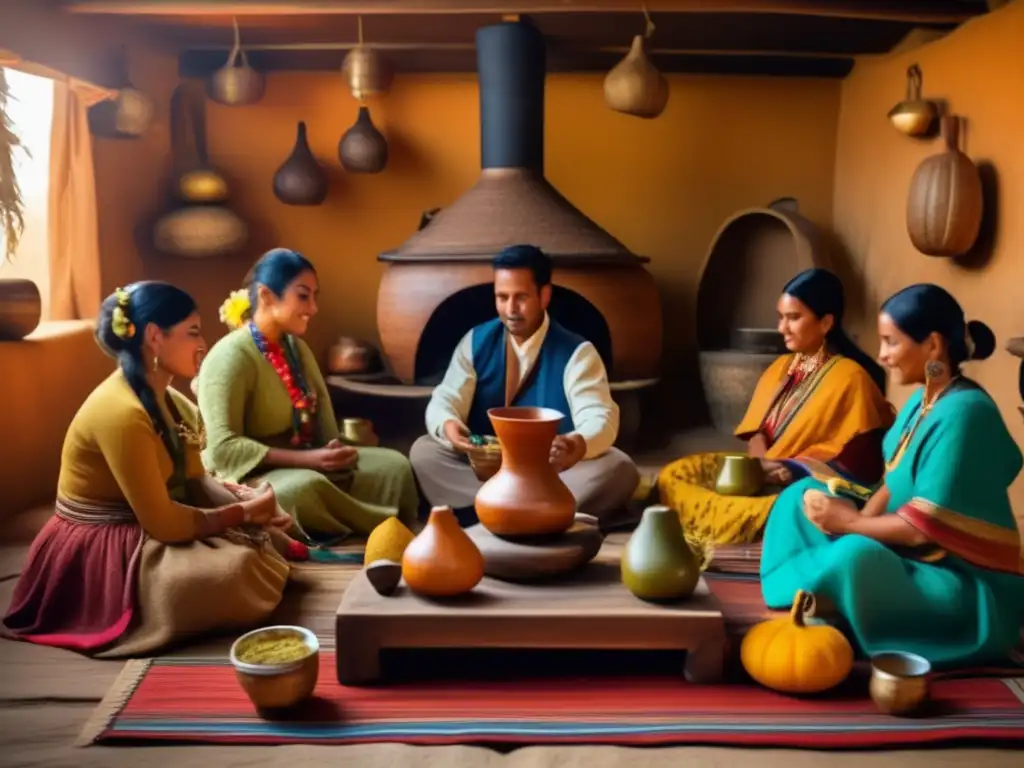 Ceremonia tradicional de mate en Sudamérica Influencia espiritual del mate tradicional en Sudamérica, ceremonia íntima y acogedora con gourds y bombillas, rodeados de conversaciones y aroma