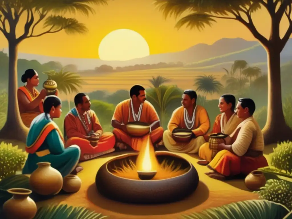 Ceremonia de mate rioplatense Influencia espiritual: tradicional mate, ceremonia rioplatense, pintura vintage de detalle, naturaleza exuberante, camaradería, belleza serena