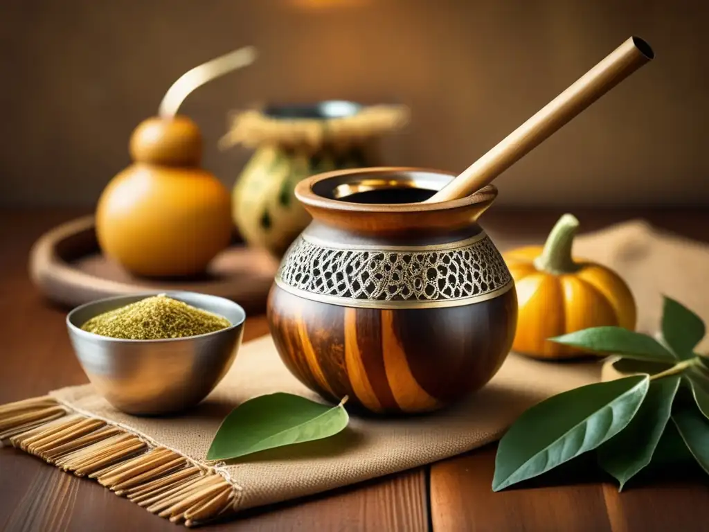 Mesa de madera con mate tradicional Influencia espiritual del mate tradicional: mesa de madera antigua con mate y yerba, resaltando detalles y atmósfera nostálgica