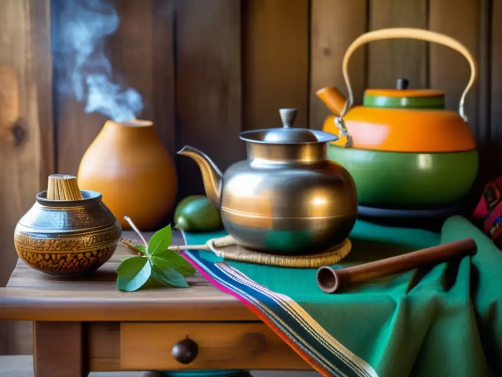 Preparación tradicional del mate Influencia espiritual del mate tradicional: preparación vintage con mate, gourd, bombilla, yerba, mate, kettle, tablecloth