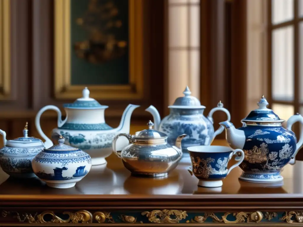 Influencia europea en el mate rioplatense: sala de museo serena con teteras antiguas, delicadas tazas de porcelana y elegantes juegos de té de plata