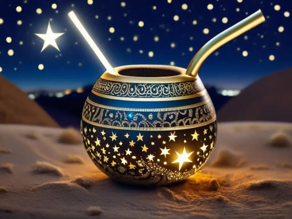 Influencia fases lunares yerba mate: tradicional mate y bombilla en noche estrellada con luna llena y detalles iluminados