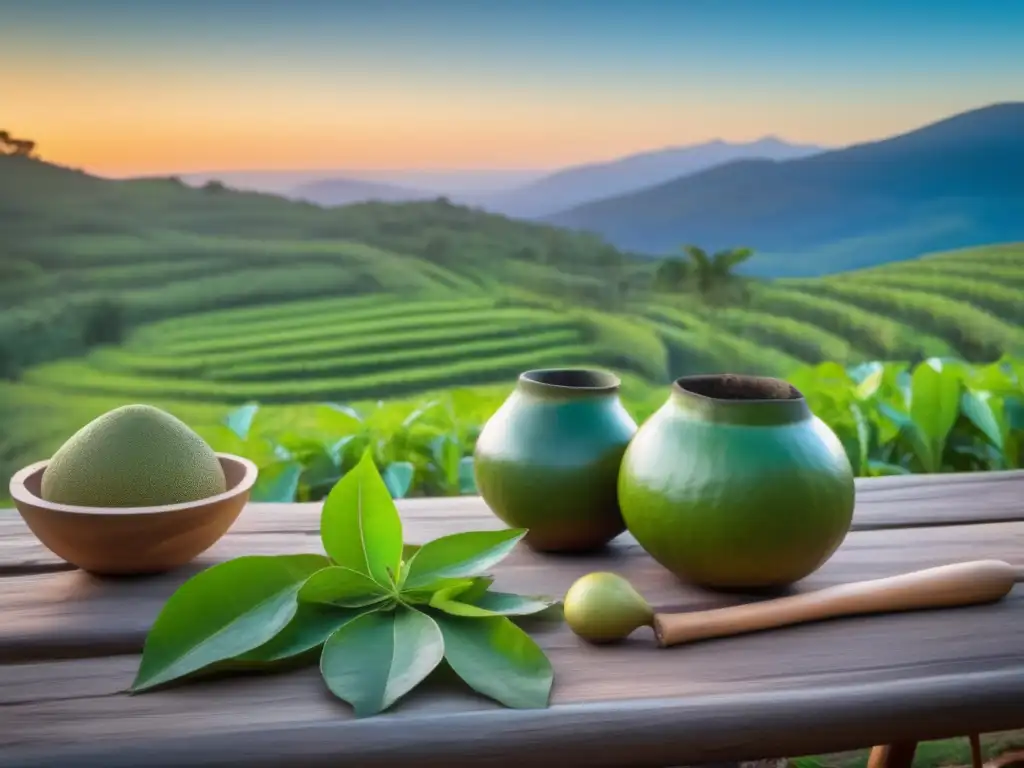 Influencia fases lunares yerba mate, escena serena de la cultura del mate al atardecer, con gourd de madera y hojas frescas en una mesa rústica