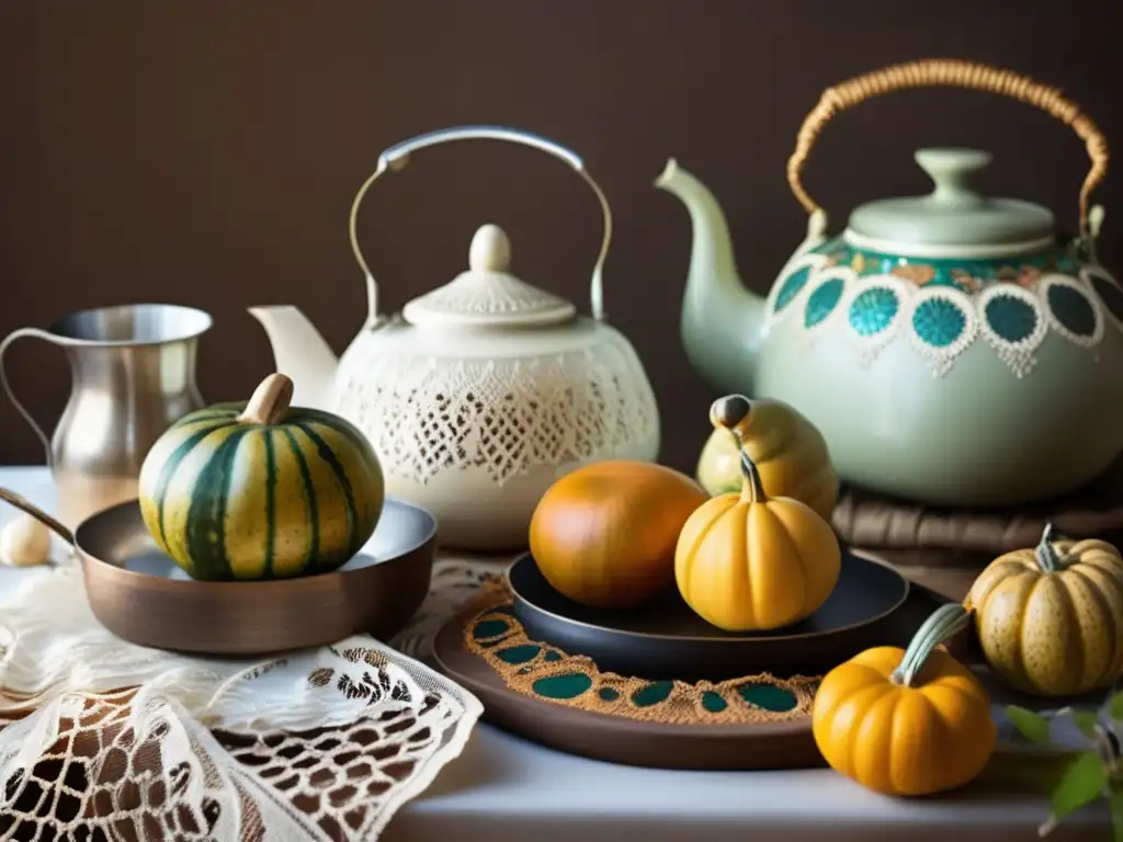 Influencia del mate en la absorción de nutrientes: Mesa vintage con mates, bombillas y tetera, decorada con encaje y patrones coloridos