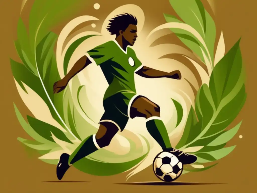 Influencia del mate en deporte: ilustración vintage de jugador de fútbol en acción con energía y aura de hojas de mate y vapor verde