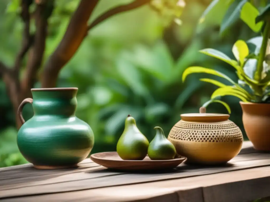 Influencia del mate en deporte: escena serena al aire libre con mesa de madera rústica, mate y bombilla vintage, naturaleza y relajación