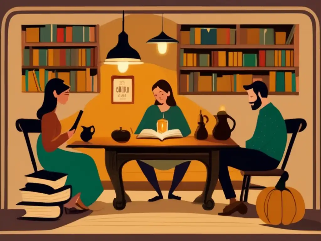 Influencia del mate en literatura rioplatense: amigos disfrutando de mate en una acogedora habitación llena de libros y citas literarias