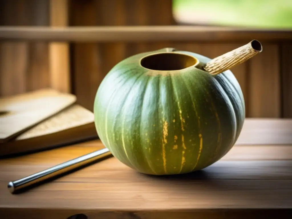 Influencia del mate en literatura rioplatense: Mate antiguo y bombilla en mesa de madera, evocando nostalgia y tradición literaria