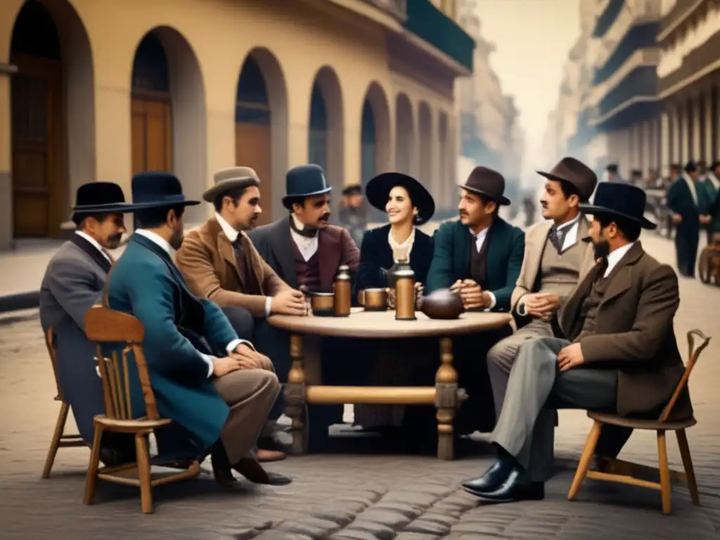 Influencia del mate en movimientos sociales: una imagen vintage de personas en un círculo de mate en las calles de Buenos Aires en el siglo XX