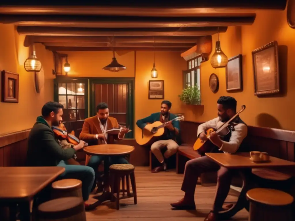 Influencia del mate en la música rioplatense: escena vintage en un café con músicos tocando instrumentos tradicionales