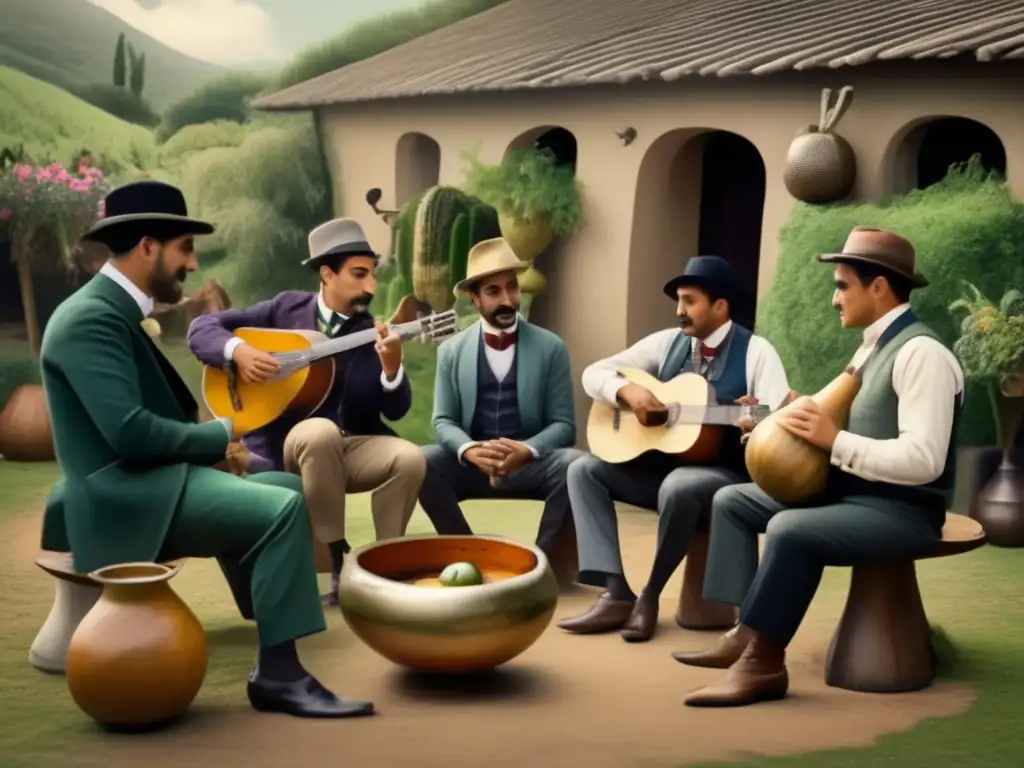 Influencia del mate en la música rioplatense: tradicional mate gathering con músicos y ambiente acogedor