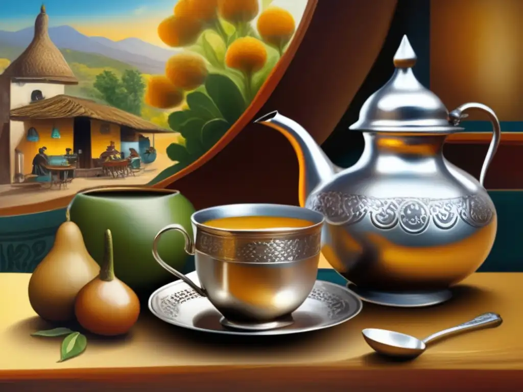 Influencia del mate en la pintura rioplatense: escena acogedora en un café tradicional con mate, pintura y atmósfera cálida