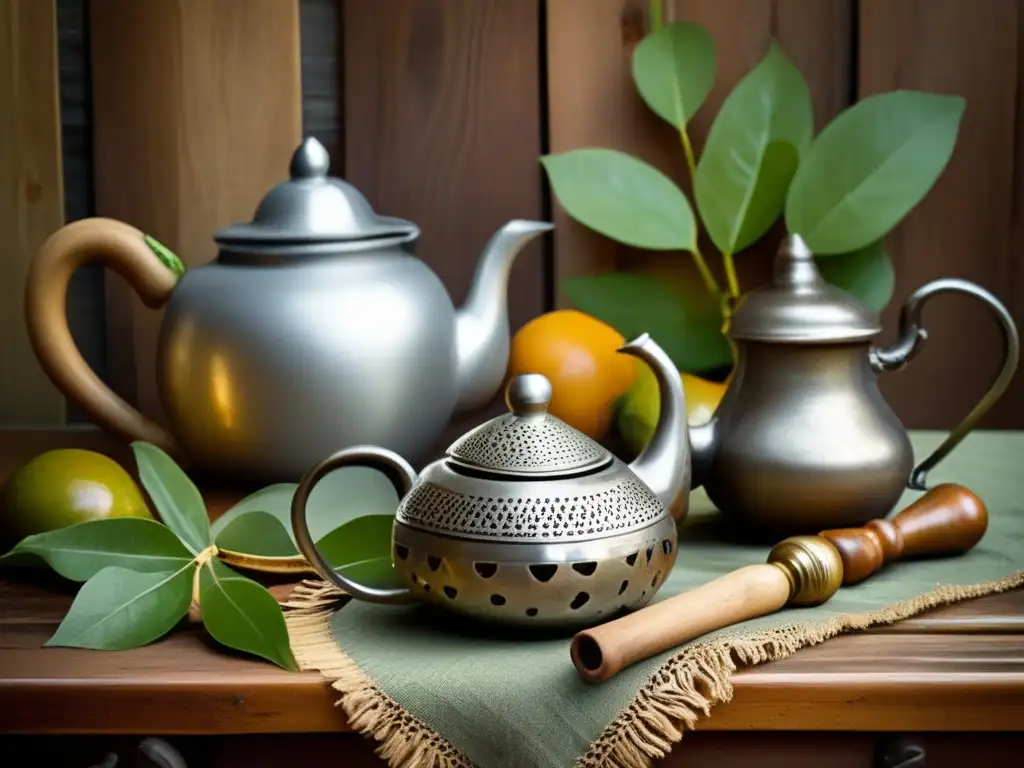 Influencia del mate en la poesía: Escena vintage con mate, gourd plateado, bombilla y libros de poesía en una mesa de madera desgastada