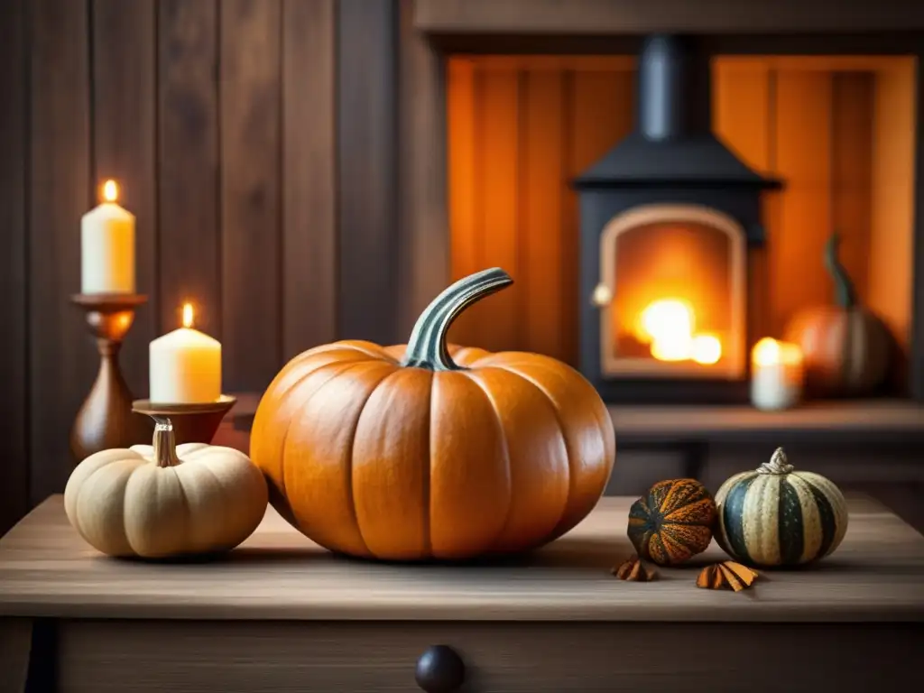 Influencia del mate en la poesía: Cozy room with wooden walls, rustic fireplace, mate gourd, dried pumpkin slices, vintage books