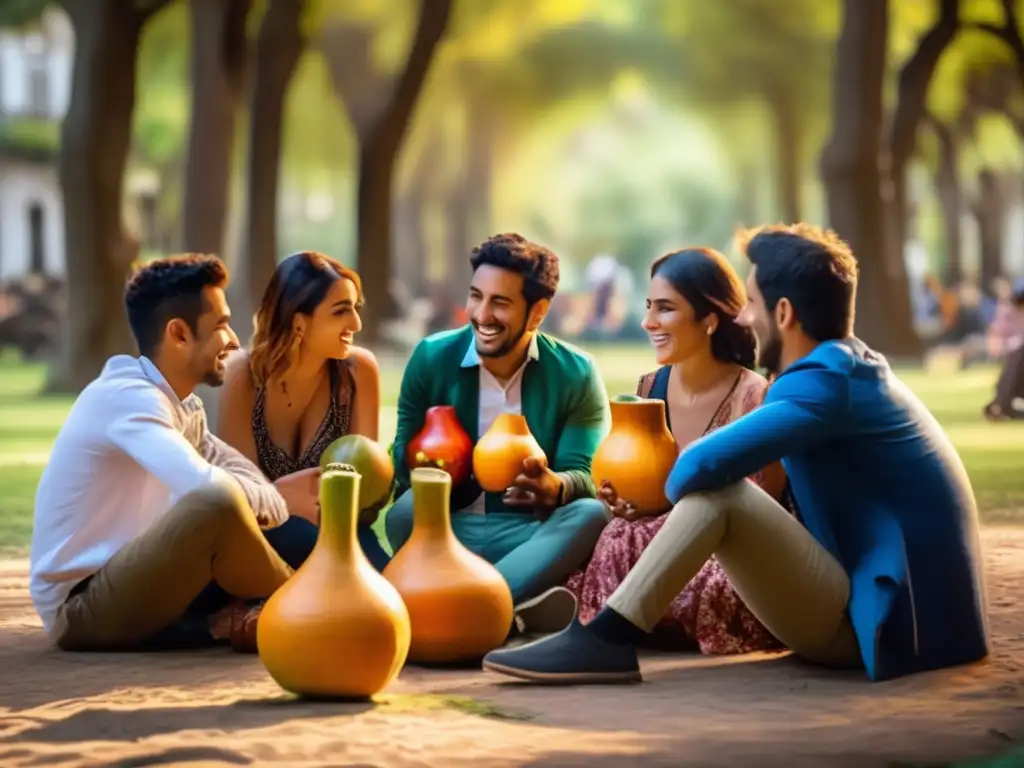 Influencia del mate en la sociabilidad rioplatense, amigos disfrutando en un parque rodeados de naturaleza, mate en mano