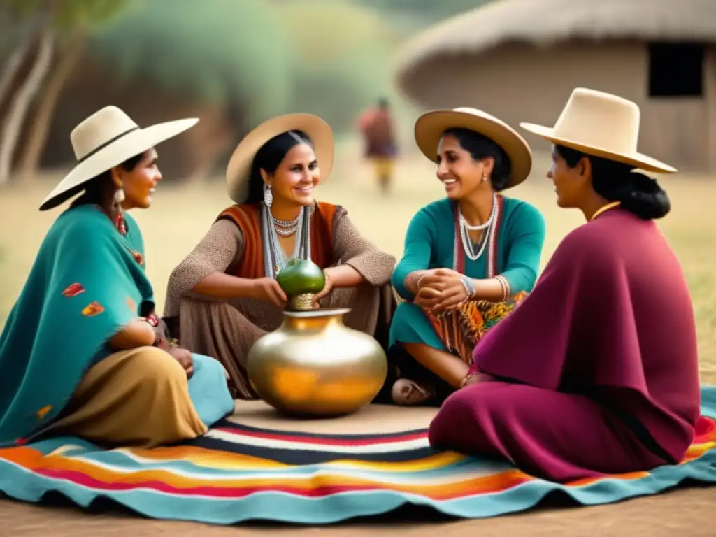 Influencia tradición mate ventas fiestas: Reunión tradicional de mate en la región rioplatense con gauchos, yerba mate y hermoso paisaje