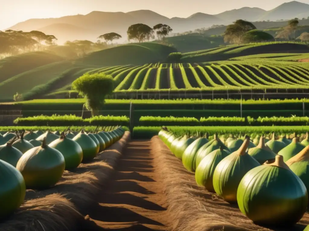 Influencia suelo cultivo yerba mate: imagen detallada plantación vintage en región rioplatense, campos verdes infinitos, árboles ordenados, luz dorada