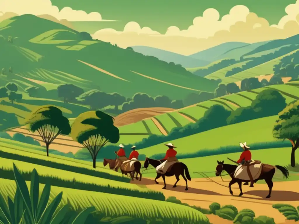 Influencia Precisión en Producción de Mate: Ilustración vintage de la tradicional cosecha de yerba mate por gauchos en paisaje rural