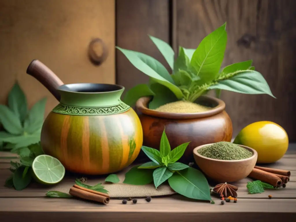 Ingredientes clave para yerba mate de calidad en mesa rústica vintage