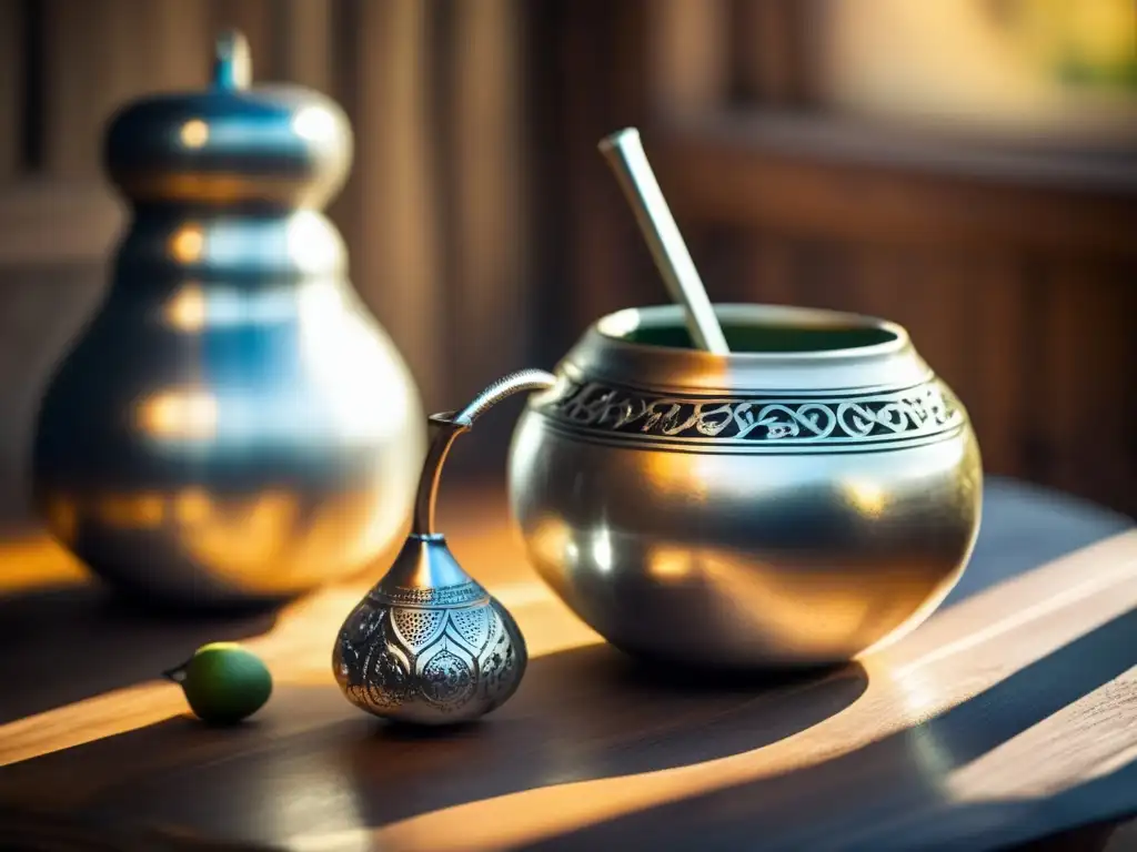 Tradición mate en inmigrantes: Mate, bombilla y gourd de plata en mesa rústica, juego vintage con detalles intrincados, luz cálida y sombras