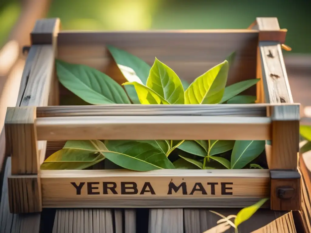 Innovaciones en producción y consumo de yerba mate: Imagen de caja de madera vintage con hojas frescas y mate tradicional