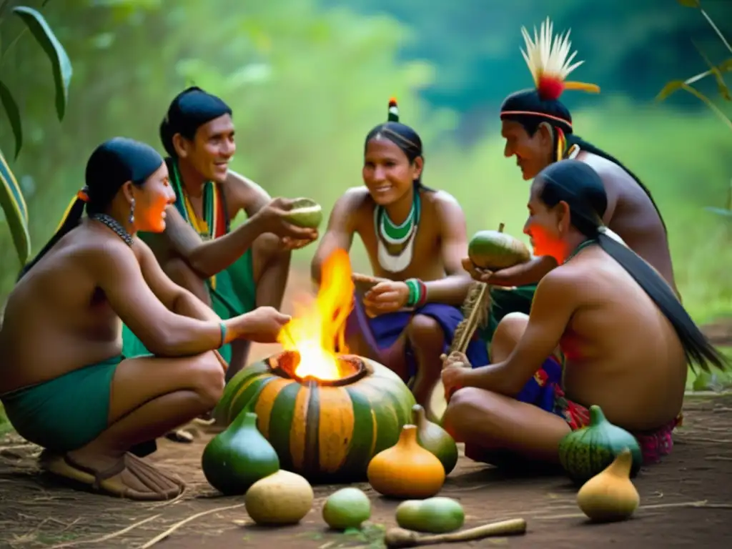 Innovaciones en preparación de mate: Guarani disfrutando mate en el bosque con vestimenta tradicional y fogata