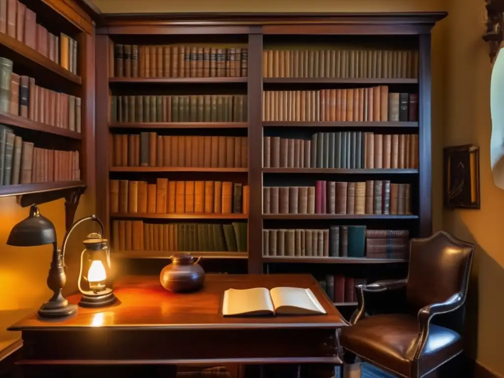 Inspiración literaria y tradición mate rioplatense en acogedora sala de estudio vintage con estanterías de madera y libros antiguos