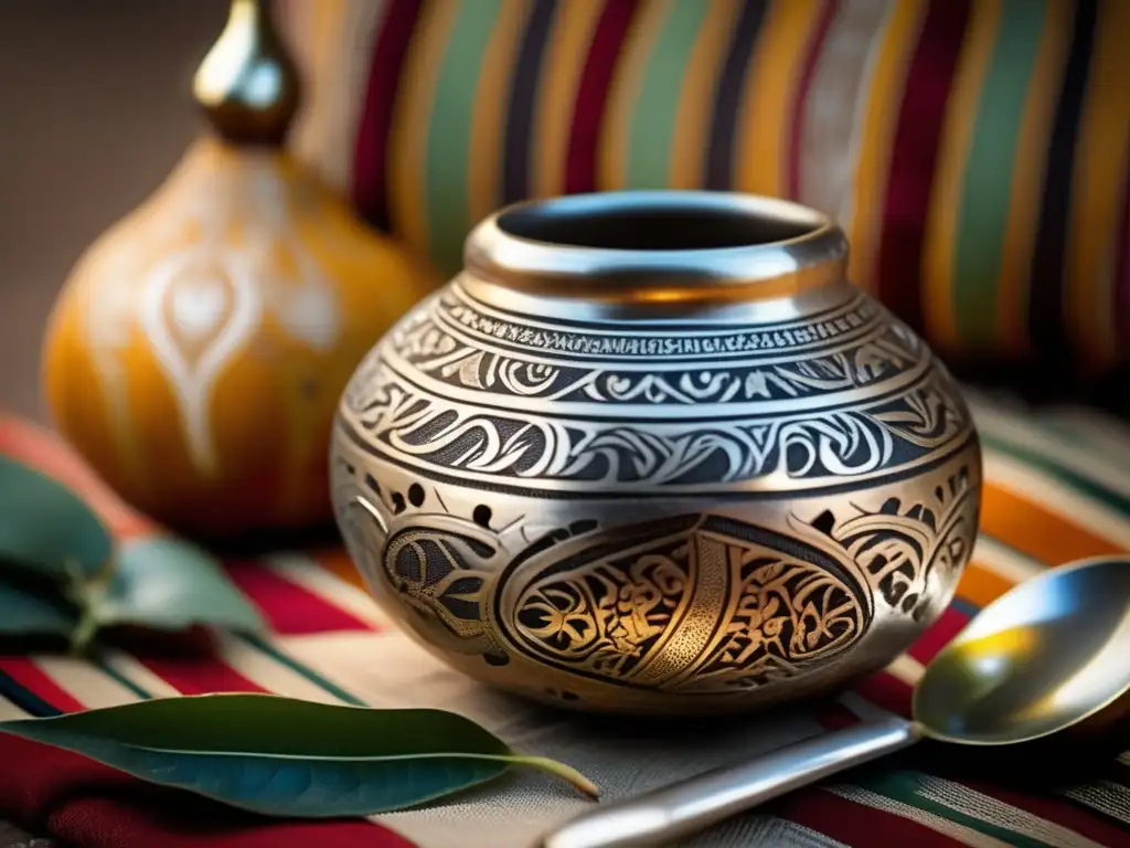 Integración cultural a través del mate: gourd, bombilla, textil, yerba mate, mapa, iluminación