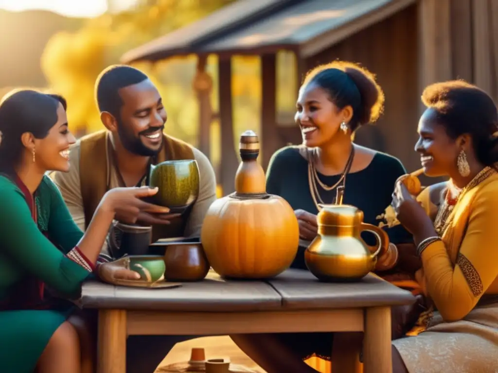 Integración cultural a través del mate: grupo diverso compartiendo mesa, mate y conversación en ambiente vintage